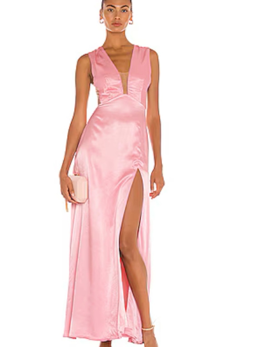 NWT SAU LEE Genevieve Satin Gown Pink US 6 Plunge Maxi Formal Dress